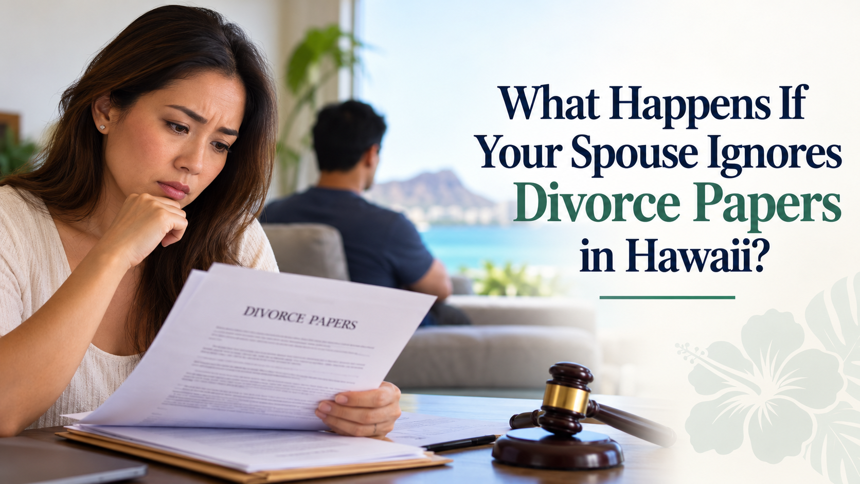 A woman reviews divorce papers while her spouse sits in the background, illustrating divorce proceedings in Hawaii.